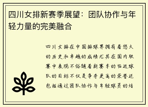 四川女排新赛季展望：团队协作与年轻力量的完美融合