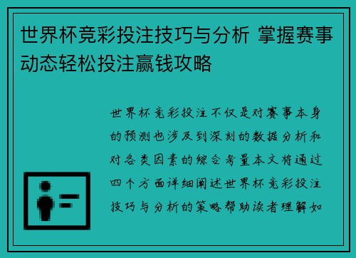 世界杯竞彩投注技巧与分析 掌握赛事动态轻松投注赢钱攻略