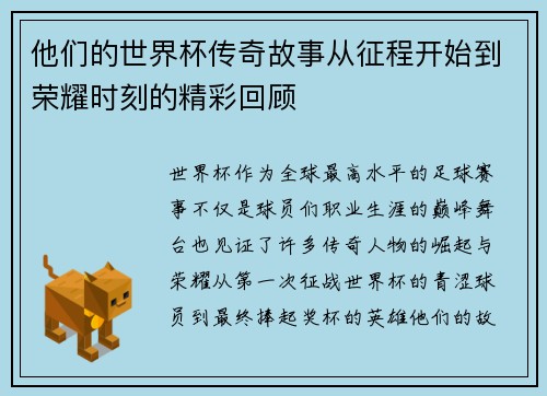 他们的世界杯传奇故事从征程开始到荣耀时刻的精彩回顾